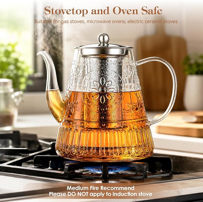 1500ml/52oz Large Glass Teapot, Zpose Vintage Tea Pot with Infuser for Loose Tea, Stovetop Glass Tea Kettle with strainer for 6-7 Cups