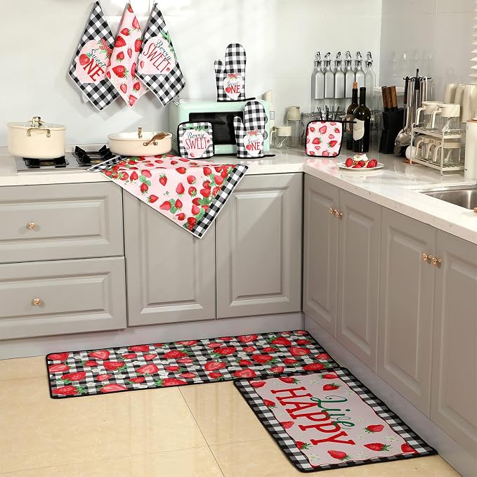 Fourluoo 10 Pcs Strawberry Farmhouse Kitchen Decor Set Dish Towels Kitchen Rugs Oven Mitts and Pot Holders Set for Cooking Baking Grilling Women Mom Daughter Gift (Mixed Color)