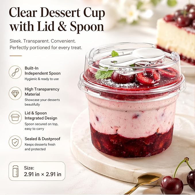 50 Pack 8 oz Plastic Dessert Cups with Lids and Spoons, | Banana Pudding Cups with Lids Mini Dessert Shooters for Party Individual Yogurt Parfait Jello Fruit Trifle