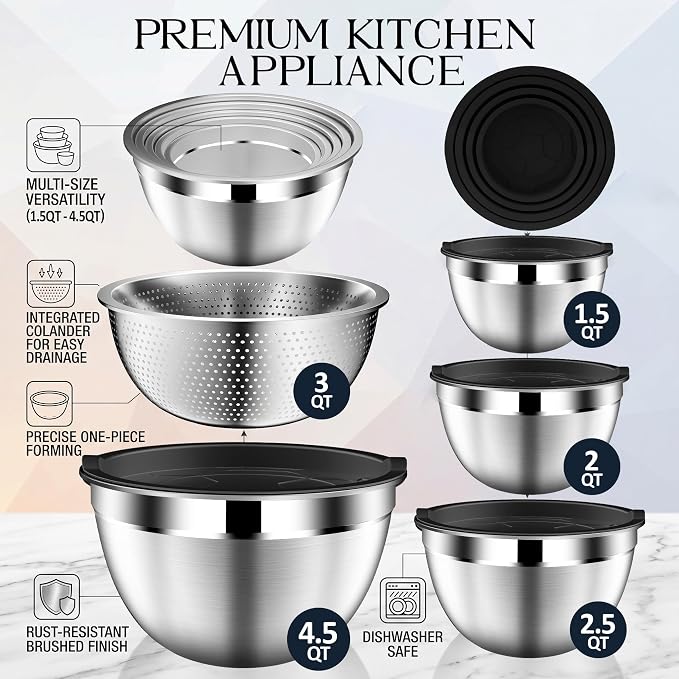 DUTZUN Mixing Bowls with Lids Set, Stainless Steel Mixing Bowls with Colander, Strainer with Mixing Bowl Set, Serving Bowl Kitchen Gift, Size 4.5, 2.5, 2, 1.5QT - Black