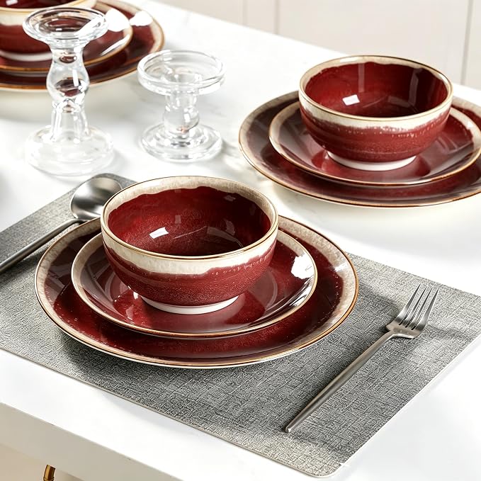 Sweejar 12 Pieces Ceramic Dinnerware Sets for 4, Burgundy Red | Gradient Glaze Plates and Bowls Set, Microwave & Dishwasher Safe, Stackable Dish Set, Scratch Resistant Dishware Sets