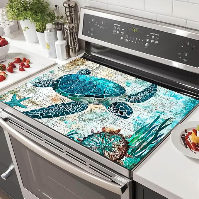 HOMETITUTE Sea Turtle Stove Top Cover 28x20 Ocean Map Diatomite Mat