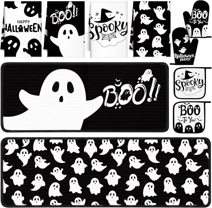 Fanfanwin 10 Pcs Halloween Ghost Kitchen Decor Set Ghost Kitchen Rugs Towels Pot Holders Oven Mitts Set for Baking Cooking BBQ Halloween Decorations