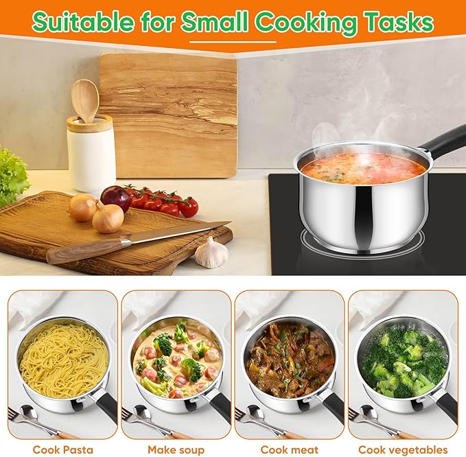 P&P CHEF 2 Quart Stainless Steel Sauce Pan Pot with Lid, Small Saucepan | For Induction Cooking & Multi Stoves, Multipurpose Pot with Visible Glass Lid & Silicone Handle, Rust Free & Dishwasher Use