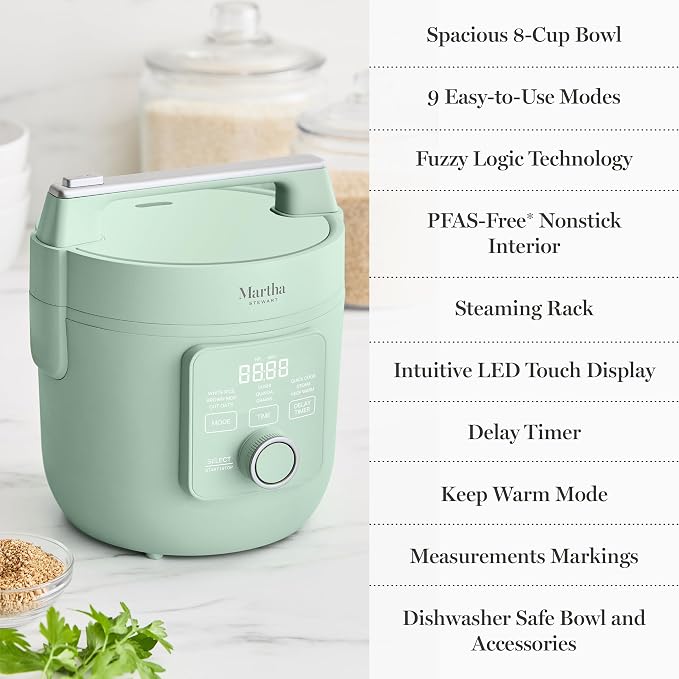 Martha Stewart 8 Cup Cooked (4 Cup Uncooked) Rice Cooker & Steamer, Sage | PFAS-Free Ceramic Nonstick Removable Pot, 9 Modes, Keep Warm, Steamer, White & Brown Rice, Quinoa, Grains, Oats, Easy Clean