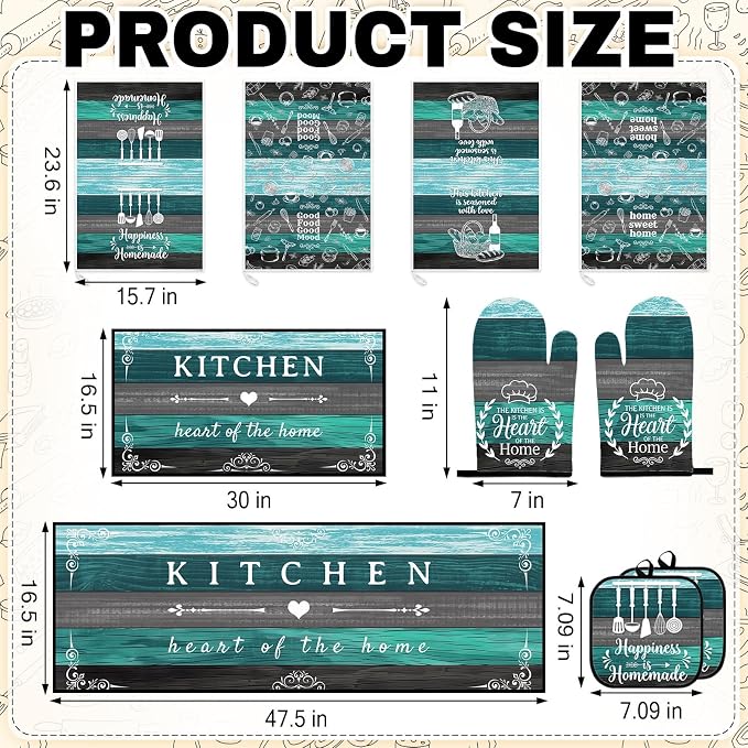 10 Pcs Kitchen Decor and Accessories Set, Teal Turquoise | 4 Dish Towels Kitchen Rugs 2 Oven Mitts 2 Pot Holders, Home Decor for Cooking Baking BBQ Gifts Women Mom Housewarming
