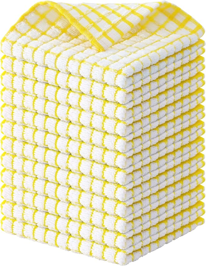 Kitinjoy Cotton 12 Pack Terry Kitchen Dish Cloths, Yellow | 12 x 12 Inches Super Soft and Absorbent Dish Rags, Quick Drying Dish towels for Washing Dishes