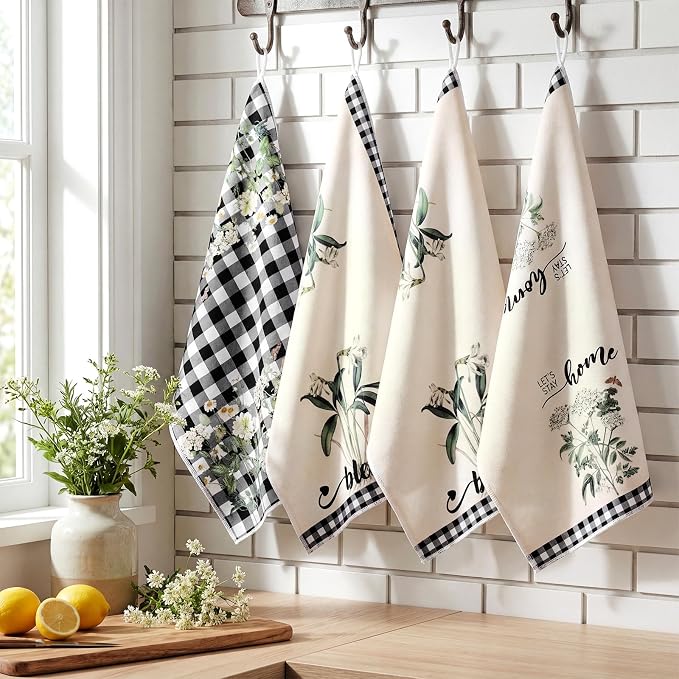 4 Pcs Vintage Wildflower Kitchen Towels Absorbent Tea Towels Gift | Floral Hand Dish Towels Neutral Grid Fast Drying Decor Housewarming Gift for Cooking Bathroom Kitchen Decor