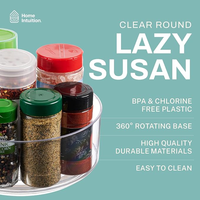 Home Intuition Round Plastic Clear Lazy Susan Turntable Food Storage Container for Kitchen (9" Round, 1 Pack)