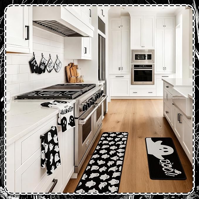 Fanfanwin 10 Pcs Halloween Ghost Kitchen Decor Set Ghost Kitchen Rugs Towels Pot Holders Oven Mitts Set for Baking Cooking BBQ Halloween Decorations