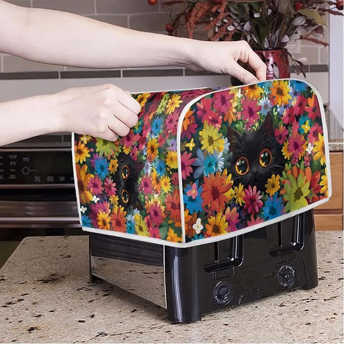 Cat Floral Print Toaster Cover 4 Slice Long Slot, Non Slip Bread Toaster Covers Dust Protection Small Appliance Covers