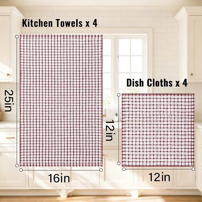 Homaxy Kitchen Towels and Dishcloths Set, Set of 8, Burgundy | Cotton Terry Kitchen Dish Towels, Super Soft and Absorbent Dish Cloths, 16 x 25 and 12 x 12 Inches