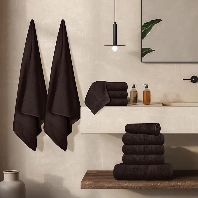 GLAMBURG Ultra Soft 24-Piece Towel Set- 100% Pure Ringspun Cotton, Contains 8 Oversized Bath Towels 27x54, 8 Hand Towels 16x28, 8 Wash Cloths 13x13 Ideal for Everyday use, Hotel & Spa- Chocolate Brown