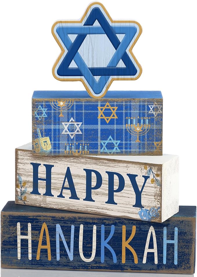 Lineshading 4 Pcs Wooden Hanukkah Block Signs Farmhouse Tiered Decor | Rustic Wood Tabletop Pieces, Stacked Design, Star of David Theme, Festival Centerpiece for Home, Celebration Gift