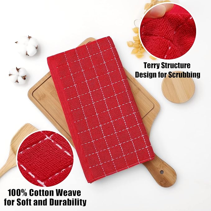 Homaxy 100% Cotton Terry Kitchen Dish Cloths, 6 Pack, Red | Ultra Soft and Absorbent, Suitable for Drying and Washing Dishes