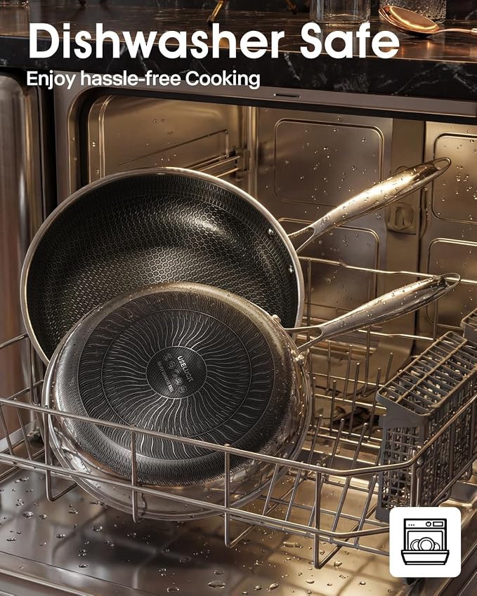 USELUCK Hybrid Non stick Frying Pans with Glass Lid, 10-Inch Frying Pan. | Stainless Steel Skillet with Honeycomb Surface,Oven-Safe,PFAS-Free,Compatible with All Cooktops.