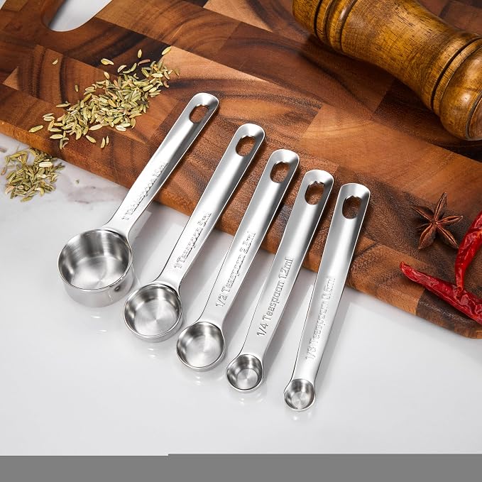Premium 18/10 Measuring Spoons Set (Silver, 5PC Measuring Spoons) | 18/10 Stainless Steel; 1/8 Tsp to 1 Tbsp; Extrat-Long Handles; Stackable; Dishwasher Safe for Baking and Cooking.