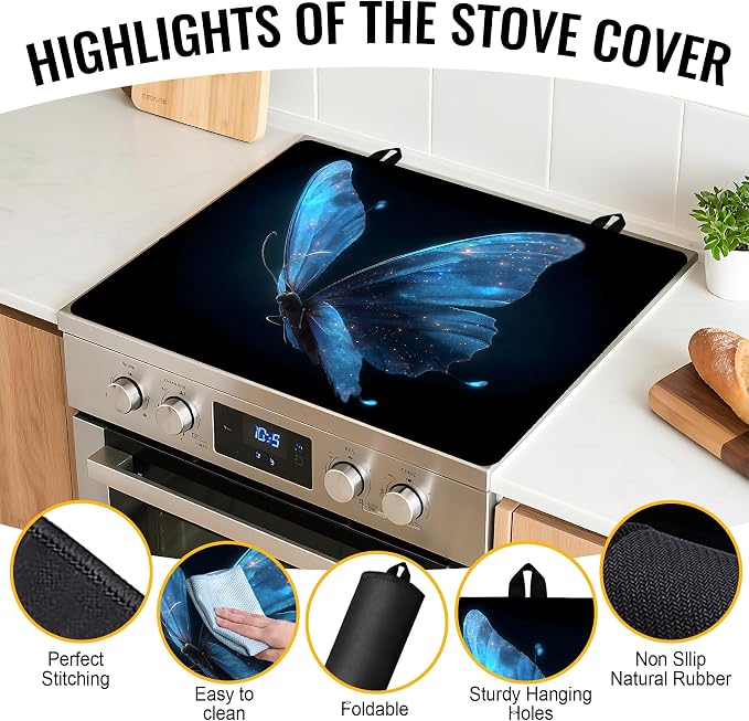 NYZE Electric Stove Top Cover Blue Butterfly, Heat Resistant Protector | Extra Counter Space