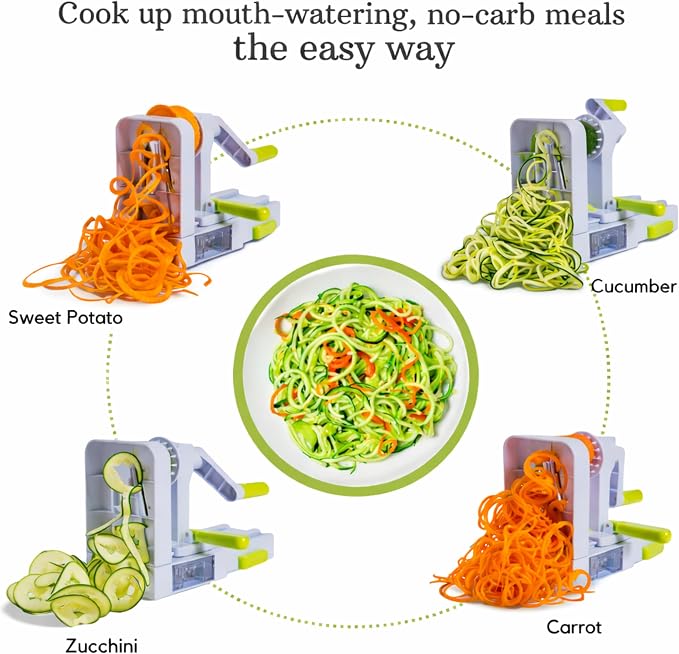 Brieftons QuickFold 5-Blade Spiralizer: Compact Foldable Manual Vegetable Spiralizer & Zucchini Noodle Maker, 5 Japanese Stainless Steel Blades, Spaghetti Maker for Potatoes, Keto Paleo Gluten-Free