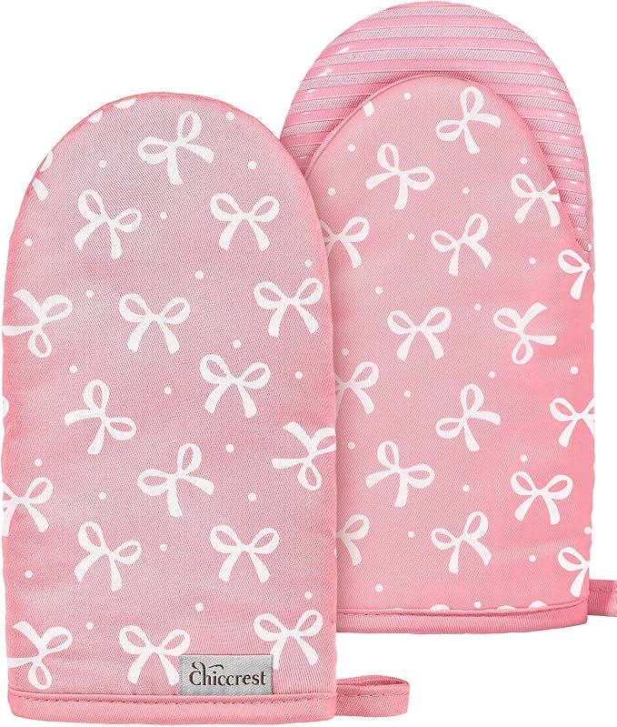 100% Thick Cotton Mini Oven Mitts Silicone Grip Girly Pink Bow | Girly Cute Oven Mitts for Women, Machine Washable, Non-Slip, Reversible Design Fits Both Hands, Stylish Kitchen Decor