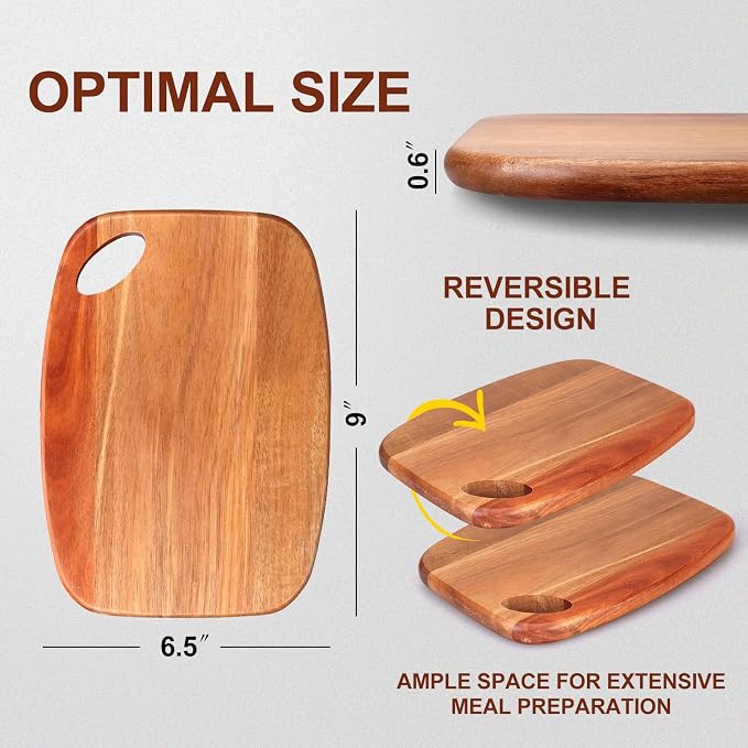 Small Acacia Wood Cutting Boards for Kitchen with Hanging | Mini Wooden Cutting Board for Vegetables, Fruit, Bread, Meat - BPA Free, 9" x 6.5"