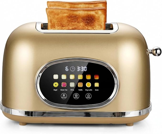 Roter Mond Smart 2 Slice Toaster, Touchscreen, Bagel Defrost, Gold | Retro stainless steel, digital timer & sleep mode, 6 bread types & shades, defrost/reheat/cancel,even toasting wide slots