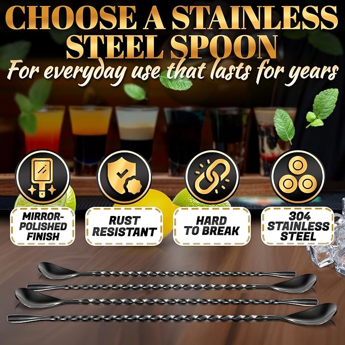 Black Bar Spoon Set of 4, 12 Inch, Stainless Steel, Twisted Spiral Handle | Black Bar Spoons; Dishwasher Safe, Rust-Resistant; for Cocktails, Iced Tea, Iced Latte; Home & Coffee Shop; Sugar Spoon