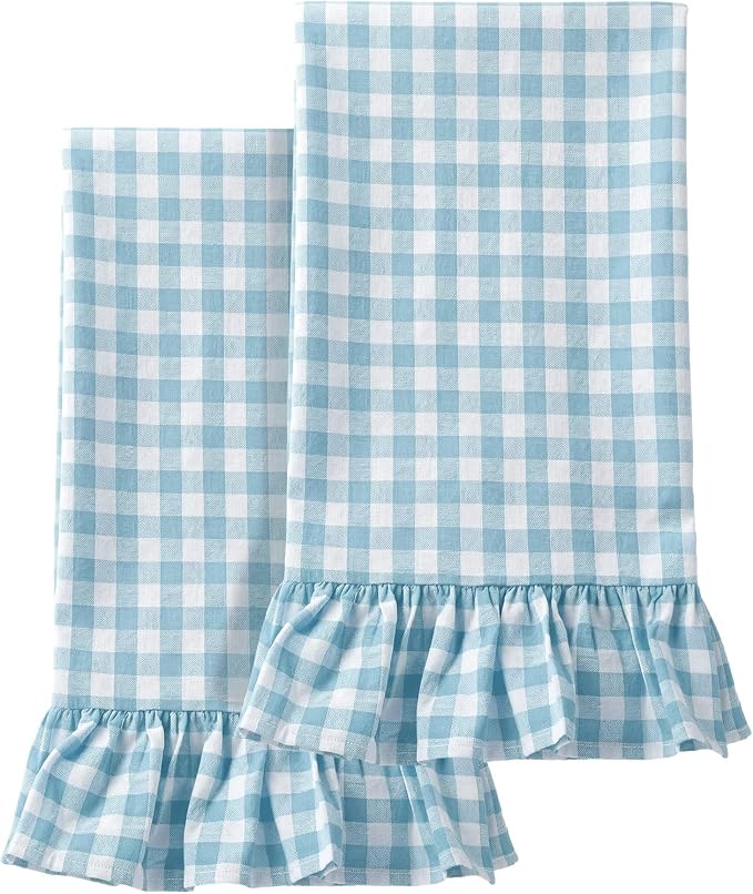 HunnmingRe 2 Pcs Light Blue Gingham Kitchen Towels Cotton Ruffled | Checked Dish Towels 18"x28" Tea Cloths Plaid Cottage Core Kitchen Decor for Farmhouse Charm Drying Dishes Entertaining Guests