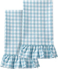 HunnmingRe 2 Pcs Light Blue Gingham Kitchen Towels Cotton Ruffled | Checked Dish Towels 18"x28" Tea Cloths Plaid Cottage Core Kitchen Decor for Farmhouse Charm Drying Dishes Entertaining Guests