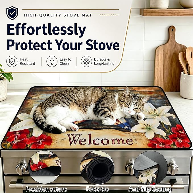 Patriotic Electric Stove Top Cover, Heat Resistant Glass Cooktop Protector for Kitchen Ceramic Countertops, Multiuse Stove Cover and Dish Drying Mat