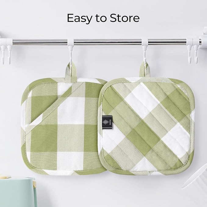 Cotton Pot Holders for Kitchen Heat Resistant Potholder Hot Pads Trivet Coaster Non-Slip Potholders Set for Cooking and Baking (2, Green Plaid, Square，8.27 in²)