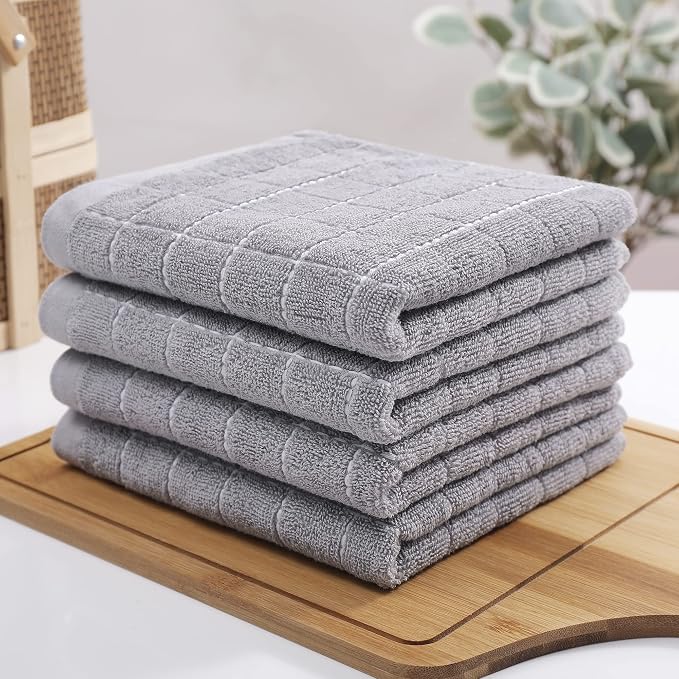 Homaxy 100% Cotton Terry Kitchen Towels, 4 Pack, Light Grey | Ultra Soft and Absorbent Dish Towels for Kitchen, Suitable for Drying and Washing Dishes