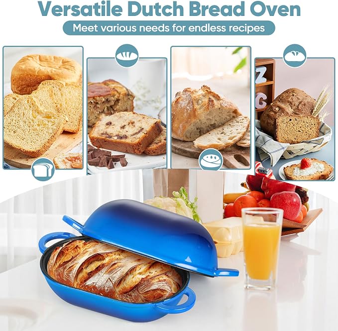 TeamFar Enameled Cast Iron Bread Loaf Pan, 2 QT Oval Dutch Oven with Lid | for Sourdough Bread Baking, Enameled Meatloaf Loaf Baking Pan with Lid, Even Heat Distribution & Self-Basting, Blue