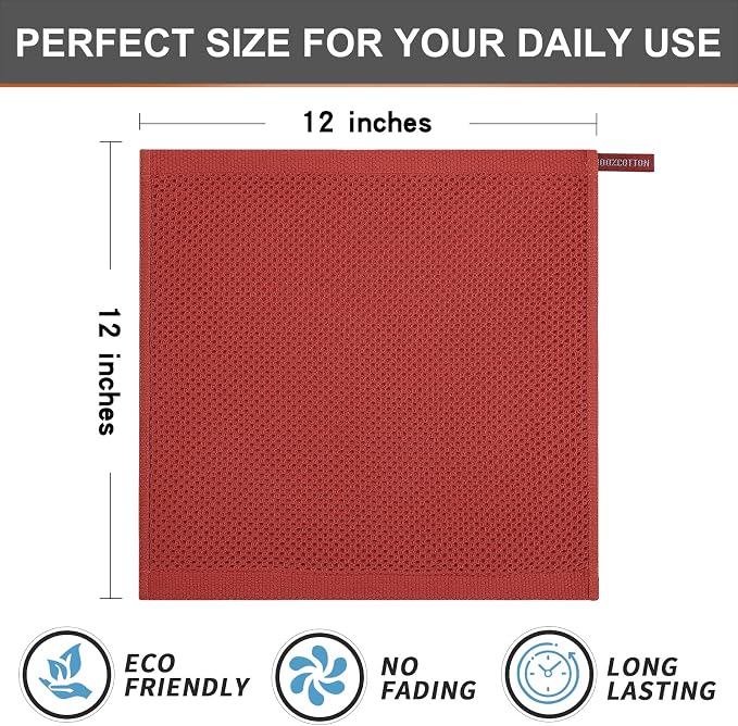 Kitinjoy 100% Cotton Waffle 6-Pack Kitchen Towels, 12" x 12", Brick Red | Ultra Absorbent, Super Soft, lightweight, Quick Drying Dish Rags for Washing Dishes
