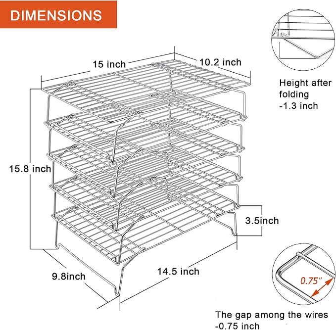P&P CHEF 5-Tier Stainless Steel Cooling Rack, 15" x 10", Silver | Stackable Baking Cooking Racks for Cooling Roasting Grilling, Collapsible & Heavy Duty, Oven Safe & Easy Clean