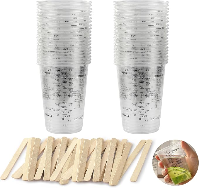 40PCS Measuring Mixing Cups, Little Cook 8oz Disposable Clear Plastic Resin Epoxy Paint Mixing Cups with 40pcs Wooden Stirring Sticks