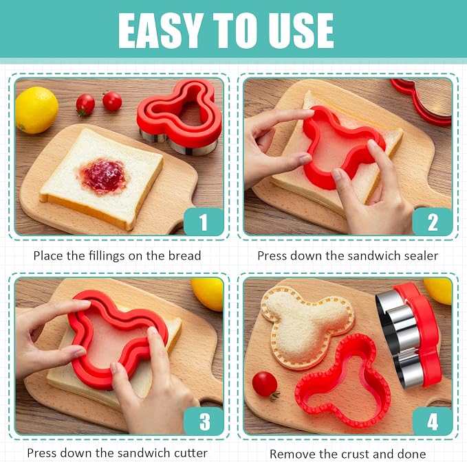 20Pcs Sandwich Cutters & Sealers for Kids Lunch, Cookie Fruit Shape Cutters | Uncrustable Sandwich Maker Vegetable Food Cutter Shapes for Toddlers, Lunch & Bento Box Accessories with Heart Dinosaur Star