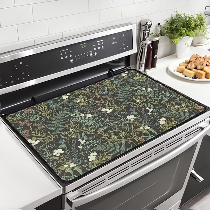 Botanical Print Stove Top Covers for Electric Stove Floral Black Sage Green Flower Plant Glass Top Gas Stove Pad Heat Resistant Range Cooktop Mat for Kitchen 28"x20"