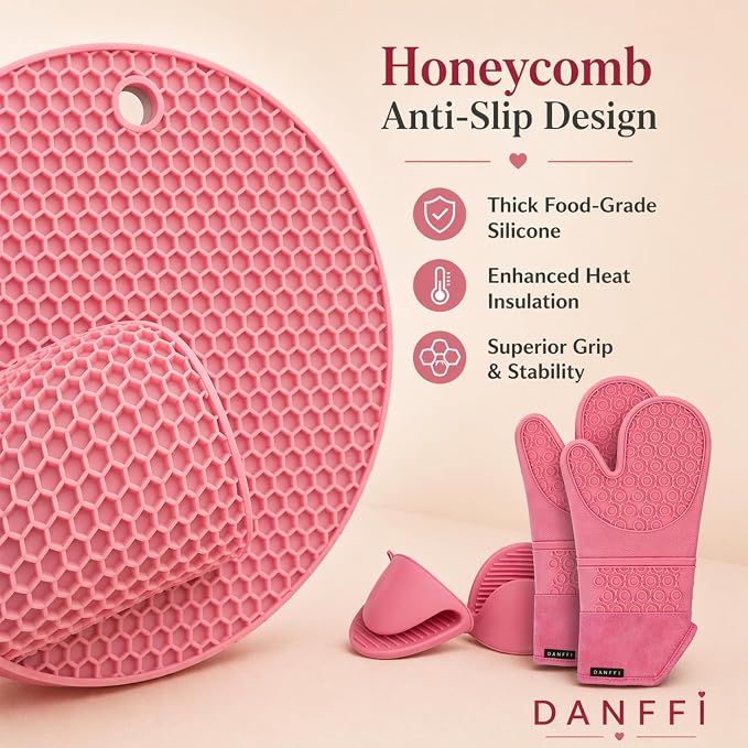 Silicone Oven Mitts and Pot Holders 6 Piece Set, Heat Resistant 500°F Extra Long Oven Gloves with Cotton Lining, Non-Slip BPA-Free Hot Pads and Pinch Mitts for Baking BBQ Cooking (Pink)