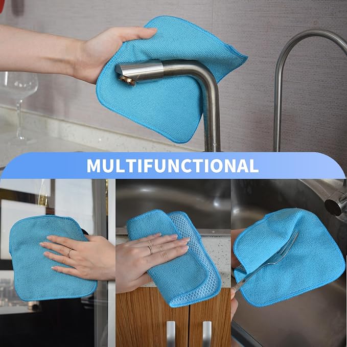 Dish Cloths for Washing Dishes with Scrub Side, Microfiber Dish Rags | Dual-sided microfiber dish cloths with scrubber for stuck-on food, quick dry kitchen washcloths 9 Pack, 7" x 7 Inch Blue