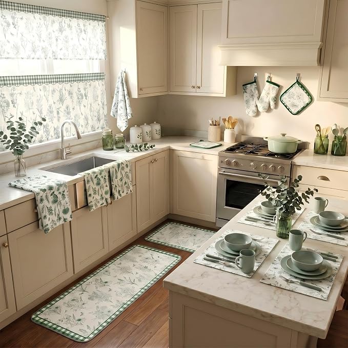Fourluoo 16 Pcs Green Floral Kitchen Decor Set Kitchen Towels Non Slip Rugs and Mats for Floor Oven Mitts Gloves Pot Holders Placemats Art Abstract Curtains for Home Decoration Gift