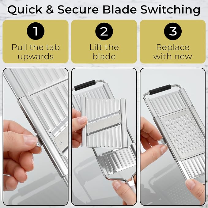 Gramercy Handheld Mandoline Slicer for Kitchen - Stainless Steel Veggie & Fruit Slicer with 4 Blades - Slicer, Julienne & Grater, Cut Resistant Safety Glove & Cleaning Brush Included, Dishwasher Safe