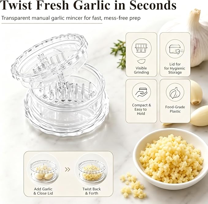 2PCS Clear Manual Garlic Twister and Ginger Mincer Tool, Manual Garlic Twister and Mincer,Garlic Crusher, Garlic Grinder, Compact Garlic Mincer Tool for Onion, Ginger, Herbs, Nuts(White)