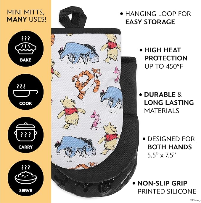 Disney Winnie the Pooh Mini Oven Mitts, 2-Pack, Heat Resistant 450F | Compact 5.5"x7.5" pot holders for kitchen, printed silicone offers non-slip grip, ambidextrous, hand wash or spot clean