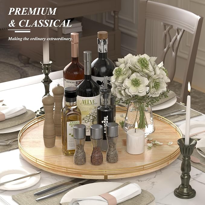 AMH 24-Inch Extra Large Lazy Susan with Solid Oak Base and Black Iron Rail | Smooth rotating oak tray with walnut finish for dining tables, kitchen counters, pantries and cabinet storage.