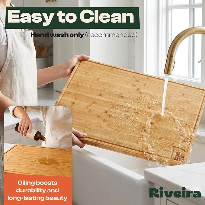 Riveira Extra Large Bamboo Cutting Board, 30" x 20", 0.8 Inch Thick – Cool Stove Top Cover Cutting Board, Noodle Board Stove Cover with Juice Groove, Reversible Butcher Block for Charcuterie