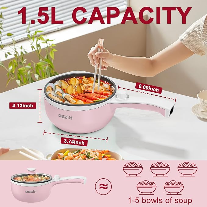 Dezin Electric Pot with Steamer, 1.5L Non-Stick Portable Hot Pot Electric | Dual Power, Upgraded 600W Electric Pot for Cooking Steak, Egg, Soup, Ramen Cooker for Dorm, Travel, RV, Office, Pink Pan