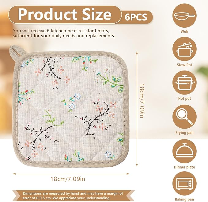 6-Pack Pot Holders for Kitchen, 7.1in/18cm Heat-Resistant Hot Pads with Floral Design, Reusable Kitchen Mats, Pot Rack Set Suitable for Baking (Khaki Floral Print)