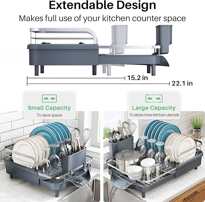 SNTD Expandable Dish Drying Rack for Kitchen Counter, 15.2-22.1 in, Gray | Rust-Resistant Stainless Steel, Protective Side Rails, Self-Draining Drainboard, Removable Utensil Holder