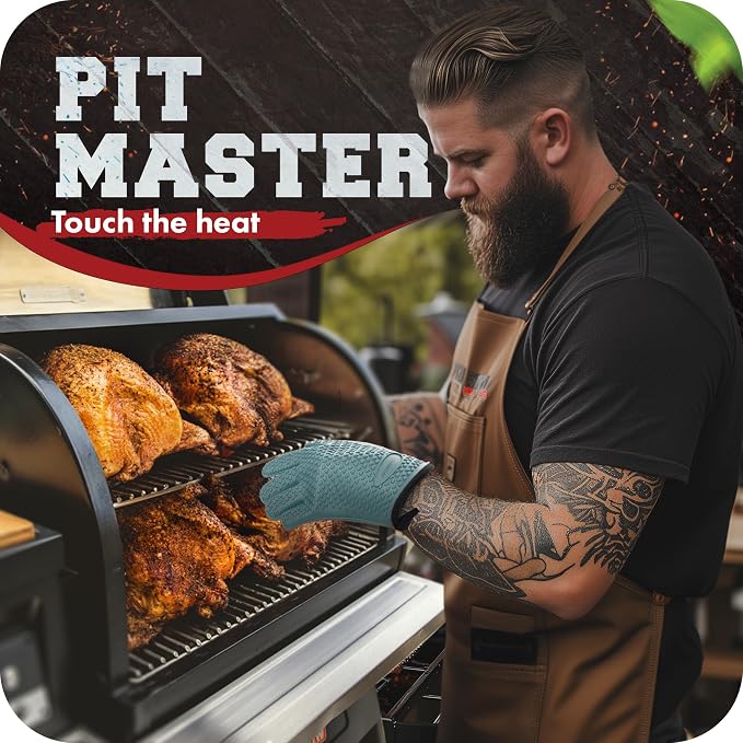 KITCHEN PERFECTION XL Silicone Smoker BBQ Gloves -Heat Resistant Oven Mitts | Waterproof, 5-Finger Design For A Better Grip, for Pitmasters, Meat Smoking, Grilling, Cooking, Frying Turkey | Grill Gift